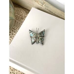 Vintage Mexico Sterling Silver Abalone Butterfly Brooch Iridescent Shell Pin